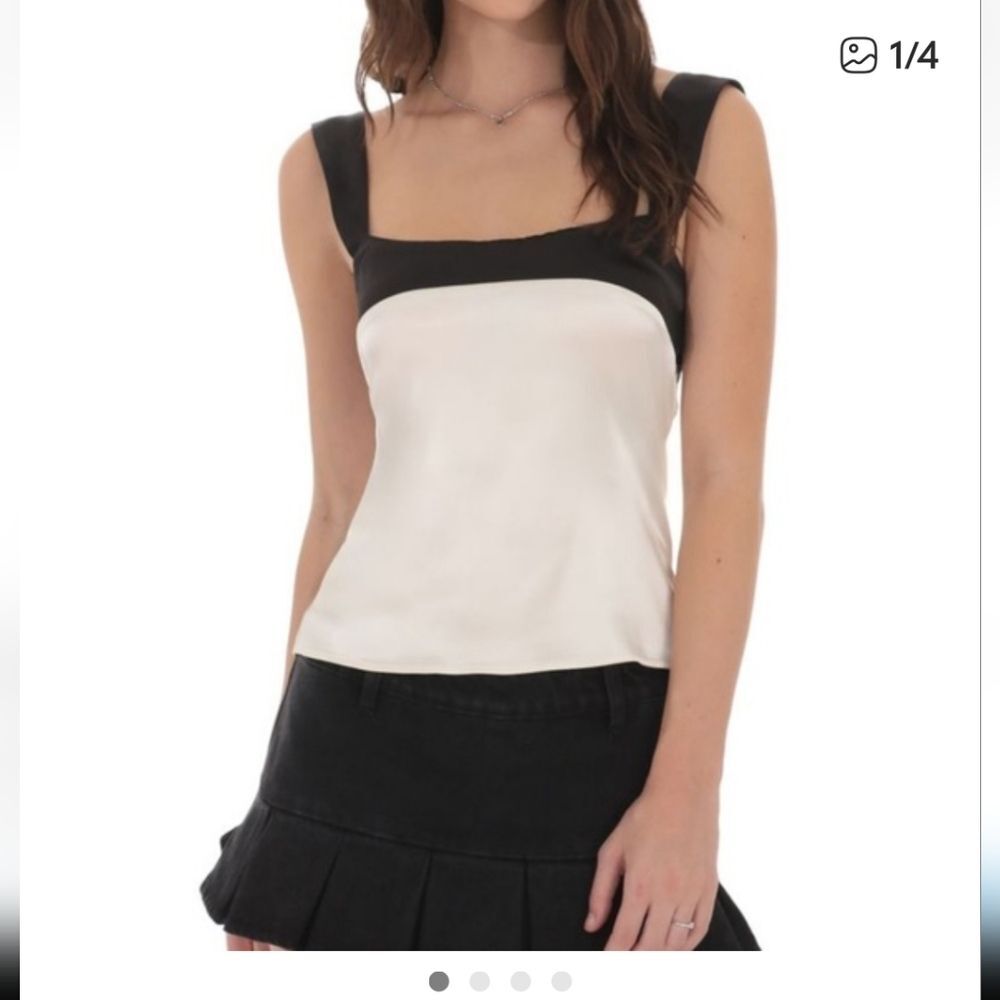 Black White Colorblock Satin Tie Back Cami Square Neck S L Y2K Party Glam nwot
